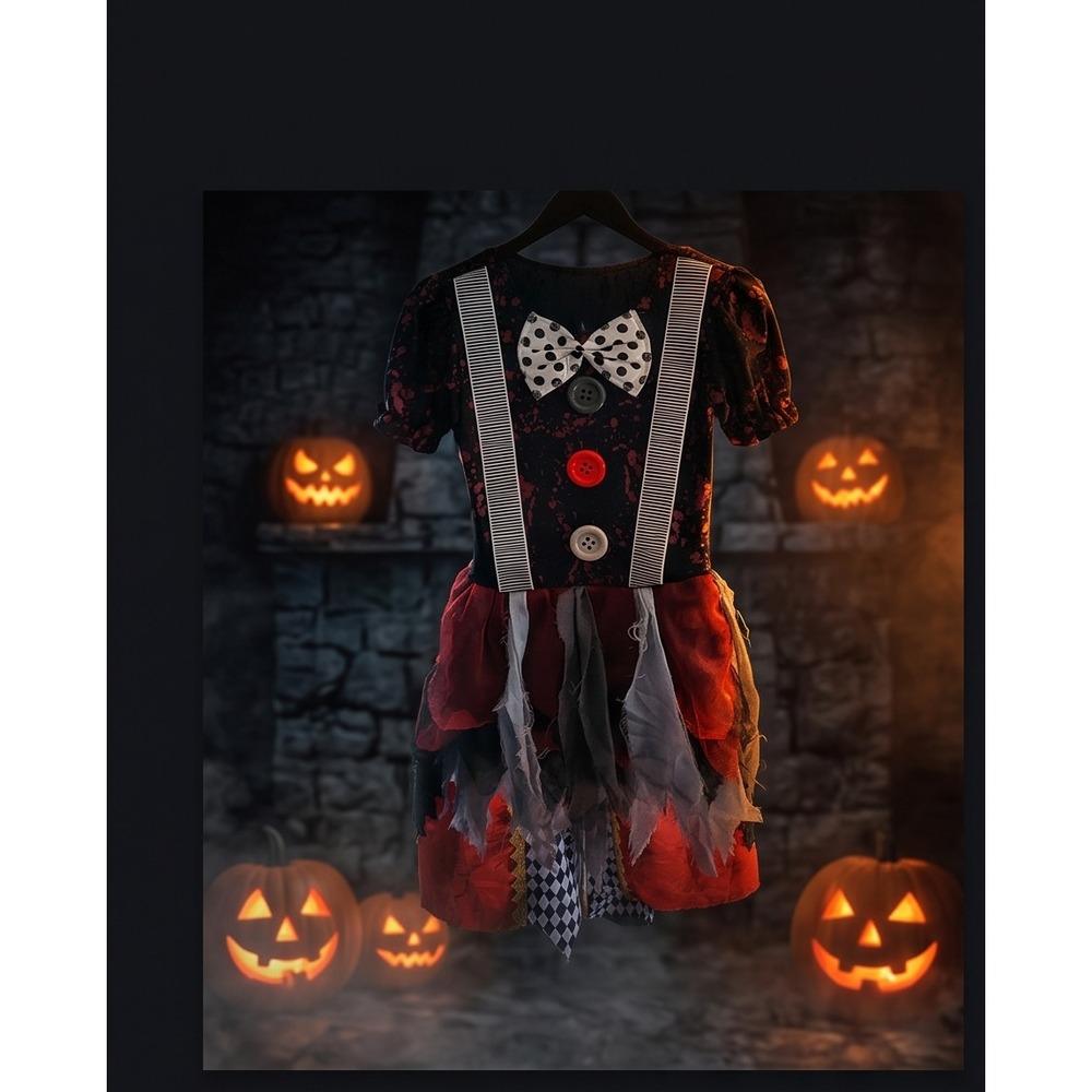 Kids Creepy Clown Halloween Costume Dress with Mini Top Hat Set Black Red Large